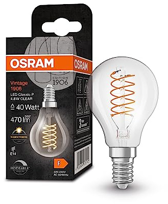 OSRAM Vintage 1906 Classic P FIL LED-Lampe, Miniball, E14, klar, 4,8W, 470lm, 2700K, warmweißes Licht, dimmbar, neues, ultraschlankes Filament, sehr geringer Energieverbrauch, lange Lebensdauer
