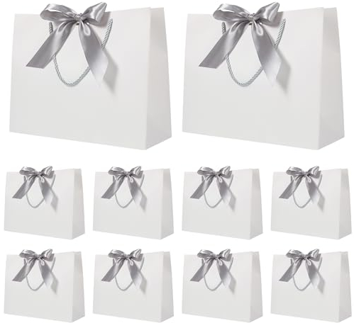 10 Stück Geschenktüten Papier, Weiß Geschenktasche mit Silber Schleifenbändern für Geburtstag Hochzeit Party Geschenk Verpackung