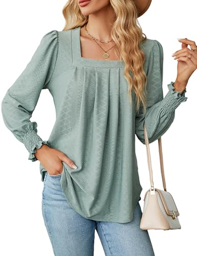 Chemisier Chic Femme Tee Shirt Col en U Haut Femme Tunique à Manches Longues Volants Blouses Décontracté Blouse Élégant Top Femme Couleur Unie