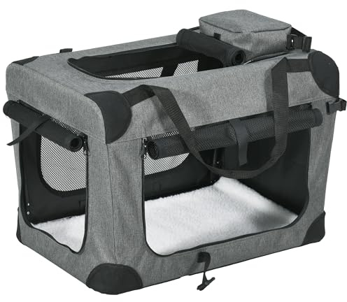 PawHut Foldable Pet Carrier for Small and Miniature Dogs, Portable Cat Carrier Soft Side Pet Travel Crate with Removable Mat, Storage Bags, Breathable Mesh 60 x 41.5 x 41cm - Grey