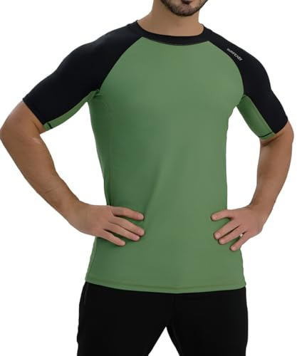 SURFEASY Men's Short Sleeve Rash Vest Swim Shirt, UPF 50+ Sun Protection Quick Dry Rashguard (Green/Black,XL)