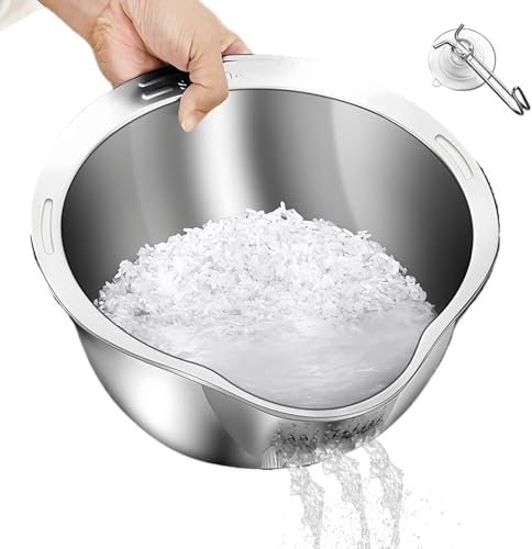 YILANJIN Bol de Lavage de Riz en Acier Inoxydable, Égouttoirs Latéraux, Passoire Légumes, Bol à Laver avec Crochet, Bassine de lavage pour riz, Ustensiles de Cuisine pour Fruits Légumes de Nettoyage