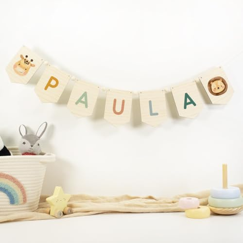 DEHOME Guirnalda Infantil Hecha en Madera Modelo Safari Personalizada – Banderín Personalizado para Decoración de la Habitación del Bebé – Banderola de Madera con Nombre - Regalo Personalizado
