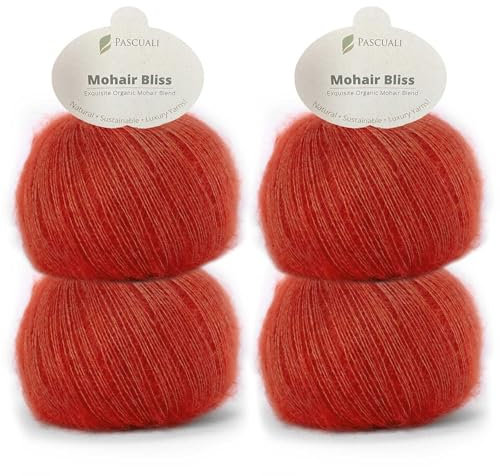 PASCUALI | Mohair Bliss |Strickwolle aus 60% Mohairwolle (Kid Mohair) 40% Seide Wolle Mohairgarn zum Stricken und Häkeln, SET: 4 Knäuel - 100g - Farbe:Erdbeere 819