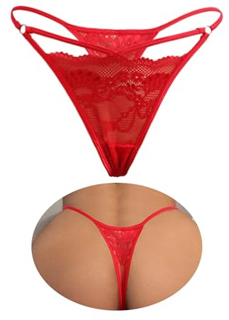 ohmydear Lace Thongs for Women Plus Size Sexy Brazilian Knickers Low Waist Bikini Underwear Lingerie Stretchy Micro G string Red Tanga Briefs Ladies Hipster Panties M