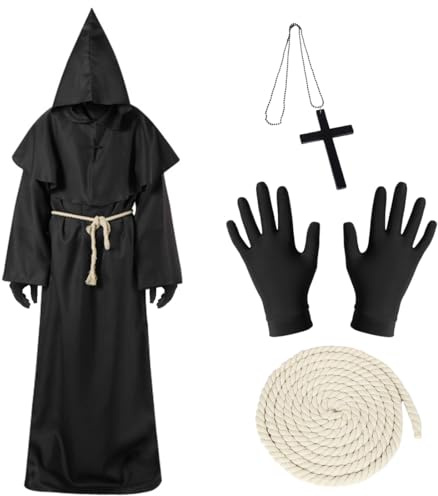 Epokus Túnica Monje, Túnica Medieval Renacentista Talla XL, Disfraz Monje con Capucha Hombre, Túnica Sacerdote con Cruz Guantes Cordón, Negra Hombre Disfraz Sacerdote para Halloween Carnaval Cosplay