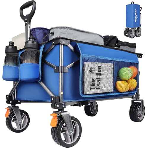 GXCROR Folding Trolley Cart - 140L Heavy Duty Collapsible Wagon with Removable 14.5cm diameter & 6cm Wide Wheels for Camping, Beach, Gardening, 130kg Capacity