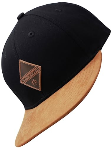 Bexxwell Cappellino Snapback per bambini con toppa in pelle (Junior, Kids, vestibilità ottimale, berretto, unisex; Child), Nero , Taglia unica