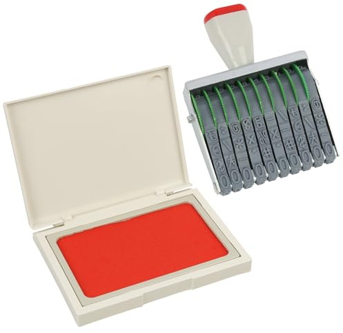 Timbro datario digitale regolabile a 10 cifre, timbro inchiostratore con strisce in gomma 0-9, formato stampa 67 x 7 mm, metallo/plastica, grigio/nero, incluso inchiostro rosso, ideale per ufficio e