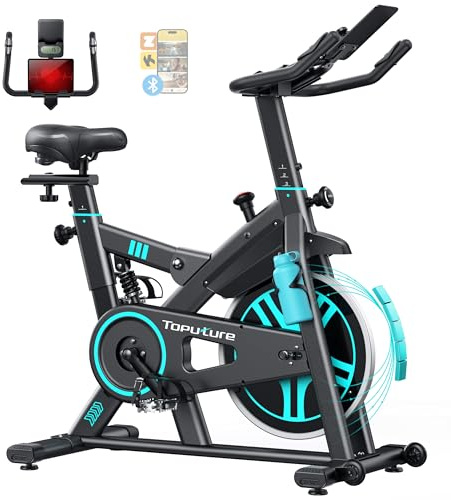 TOPUTURE Velo d Appartement,Vélo d’Appartement avec Écran LCD et Compatible APP, 100 Résistance Réglable,Vélo d’Intérieur Silencieux avec Système d’Amortissement,Fréquence cardiaque,Capacité 160 kg