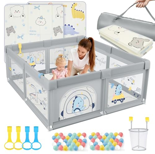 SOFTHOM Parque Infantil Bebe 120x120 con Alfombra, Corralito Bebe con 360° Malla Transpirable+Tela Oxford+Base Antideslizante+bolas+ agarraderas+Canasta de Juego+Bolsas de Transporte, Dinosaurio gris