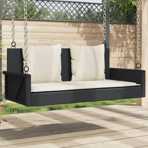 YunCangg Banc à bascule avec coussin, noir, 119 x 56 x 48 cm, en rotin PE, cadre en acier revêtu par pulvérisation, résistant aux intempéries et aux UV, avec coussins d'assise et de dossier pour