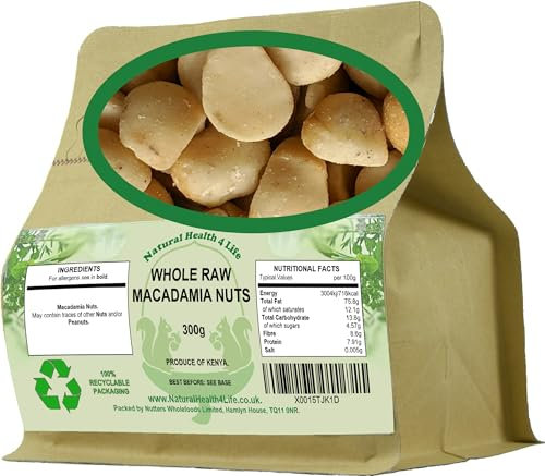 Natural Health 4 Life Macadamia Nuts 300g – Whole Raw Unsalted Nuts – High Fibre and Protein, Vegan & Keto-Friendly Snack in Resealable Kraft Pouch (1 Pouch)
