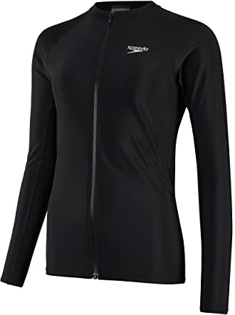 Speedo Women's Full Zip Long Sleeve Sun Protection Rash Top | UV Protection | Zip Front, Black, S