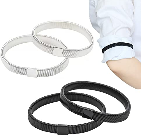 ATCYMI 2 Pairs Sleeve Garters for Women Men Adjustable Elastic Arm Bands for Shirts Long Sleeve Holders Anti-Slip Armband, Black+Silver