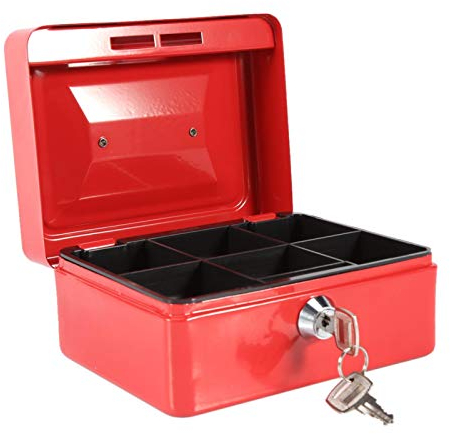 Tiiyee Metal Cash Box with 2 Keys, Portable Travel Safe Lock Box for Home Office Security Large Deposit Organizer Storage Case for Jewelry Coins Documents (Red)