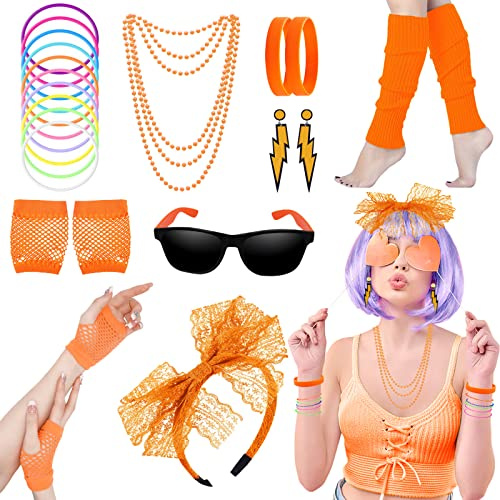 Accessoires de Mode des Années 80, Néon Costumes de Fête pour Femme, Lunettes de Soleil, Bracelet, Gants en Dentelle, Noeud Papillon, Collier à Jambes Chaudes, Boucles D'oreilles(Orange)