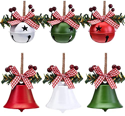 Christmas Bell Ornaments 2023 Xmas Tree Hanging Decorations Large Size Bells with ​Holly Berry for Crafts Holiday Party Favors Supplies (Red,Green, White) 6 Piece…