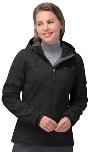 33,000ft Women's Waterproof Jacket, Ladies Lightweight Hooded Softshell Jacket Windproof Fleece Rain Jacket for Outdoor Hiking Black M