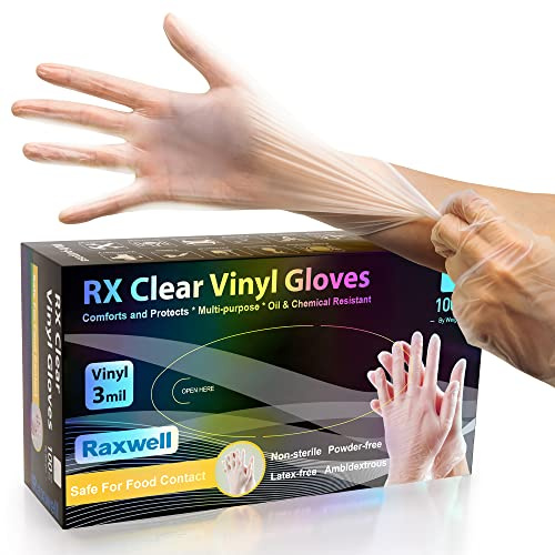 Raxwell Vinyl Gloves - Disposable Food Prep & Handling - Cooking Gloves for Kitchen & Cleaning - Medical & Exam Use - Small, Clear, 3 Mil, 100 Count