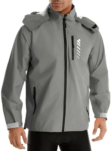 Lo.gas Herren Regenjacke wasserdicht mit Kapuze ，Regenmantel für Radfahren Regenmantel für Radfahren Laufen Windbreaker Allwetter Grau,M