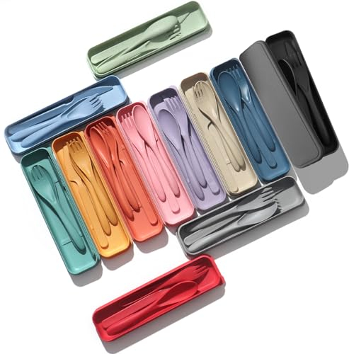 Plastik Besteck Mehrweg Set, Happybase 12 Set Reise Besteck mit Etui, Camping Besteck set, Tragbare Utensilien für Lunchbox, Schule, Picknick, Reisen, Outdoor Geschirr oder den täglichen Gebrauch