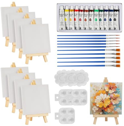 44 Pcs Mini Canvas and Easel, Small Canvas Painting Set Includes 4x4 Inches Canvases, Paint Brushes, Paint Palette and Acrylfarben, Wooden Mini Easels with Art Canvases for Kids and Artists Art Party