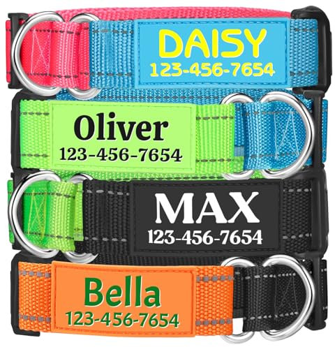 Personalised Dog Collars, Reflective Nylon Collar with Custom Name Plate Pet Name and Phone Number 4 Adjustable Sizes for Small, Medium, Large Dogs 4 Colors Boy Girl Male Female Puppies(Contrast)