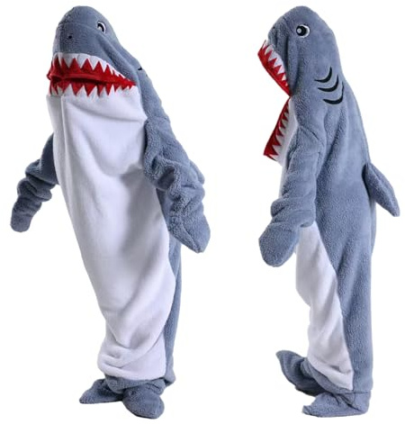 HULG Shark Blanket,Coperta di Squalo Adulto,Coperta di Squalo Indossabile,Sacco A Pelo di Squalo con Cappuccio in Velluto di Cristallo Morbido E Confortevole (Gray Blue,L)