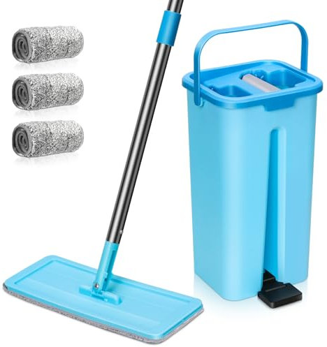 Eukue Balai Serpillère Essoreur avec Seau, Serpillière Plat Rotatif 360°avec 3 Serpillères Réutilisables, 2 en 1 Seau Serpillere de Mains Libre pour Nettoyage Tous Types de Sols(Bleu)