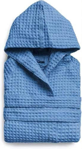 l&j Peignoir de Bain Femmes et Hommes Peignoir à capuche rose en nid d'abeille pour femme 100% coton doux et absorbant avec poches (FR/ES, Numérique, 38, Taille normale, Taille normale, Bleu)