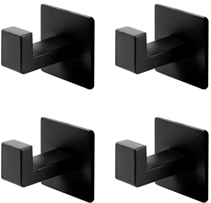 PHMING 4 Piezas Ganchos Adhesivos para Pared Cuadrado, Toalleros de Baño Sin Taladro Negro, Gancho Adhesivo Pared, con Una Capacidad de Carga de Hasta 5 kg, para Salas de Estar y Dormitorios