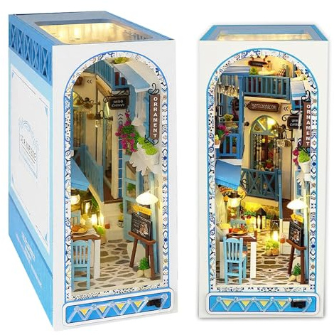 Gör-det-själv bokkrok-kit, XPJBKC Booknook gör-det-själv miniatyrdockhus kit med LED-ljus, 3D-träpussel, hus, bokhylla, inlägg, dockhus, trämodell, bokhylla, dekoration, gåva (havsbris tema)
