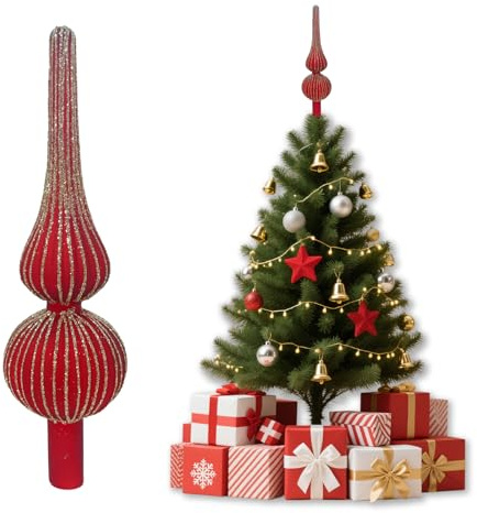 Julgransspets stjärnglas, julgran med skimrande puder, 7 x 26 cm julgran spets stjärna, julgran topp, röd julgran för juldekoration