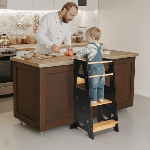 Bonnlo Learning Tower Adjustable Height, Toddler Standing Tower, Montessori Kitchen Helper 40x45x90cm, 3 Levels Adjustable Kids Learning Stool (Black)