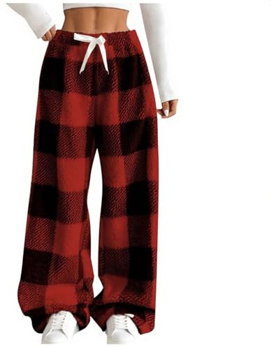 Oplxuo Womens Plaid Fluffy Pajama Pants Wide Leg Fuzzy Fleece Cozy Sleep Lounge Pants Plush Winter Warm Pj Bottoms Black