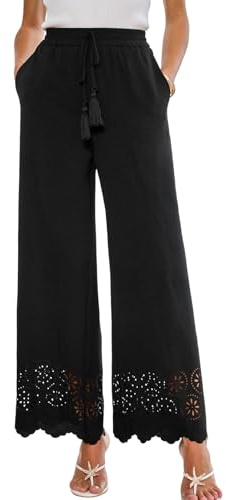 CUPSHE Pantalones largos para mujer, pierna ancha, cintura alta, bordados, recortados, rectos, verano, casual, playa, vacaciones, Negro, XL