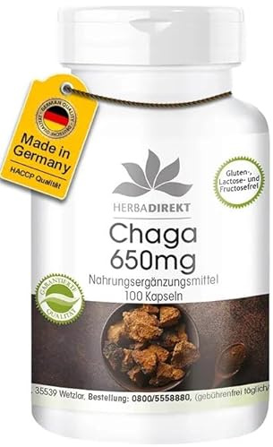 Chaga 650 mg - 100 Kapseln Vitalpilz-Pulver - Schiefer Schillerporling - hochdosiert - vegan | HERBADIREKT by Warnke Vitalstoffe - Deutsche Apothekenqualität