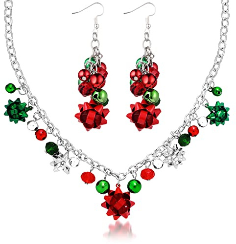Sibba Christmas Necklace Earring Sets Xmas Jingle Bell Necklaces Earrings Bow Pendant Necklace Earring Festival Present for Women Girls (Silver)