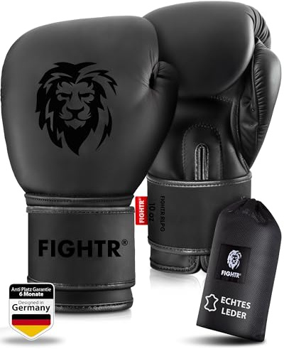 FIGHTR® Profi Boxhandschuhe aus echtem Leder | Männer und Frauen | für Boxen, MMA, Muay Thai, Kickboxen & Kampfsport 10 12 14 16 oz | inkl. Tragetasche (All Black, 10 oz)