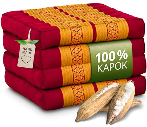 Nachhaltige Klappmatratze aus Kapok - 200x50x8cm - platzsparend, ökologische Yogamatte, Garten Lounge/Liege, Balkon, Bodensofa, Palettensofa (Rot/Gelb)