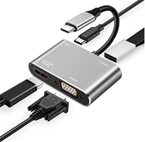 NAERSI USB C to HDMI VGA Adapter, 4K@30Hz 4-in-1 USB C Multiports Adapter Thunderbolt 3 to HDMI VGA with PD Charging Port and USB 3.0 Port, for MacBookPro/Air,Chromebook Pixel and More