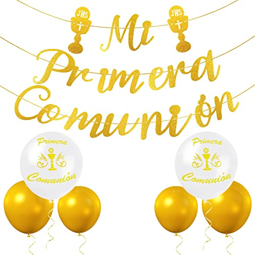 Bomtop 12 Piezas Decoración Comunion Pancarta Mi Primera Comunión Guirnalda Papel Dorada Banderín, Globo Letras Decorativas para Decoracion Comunion Niño Niña Regalo Fiesta de Comunión First Communion