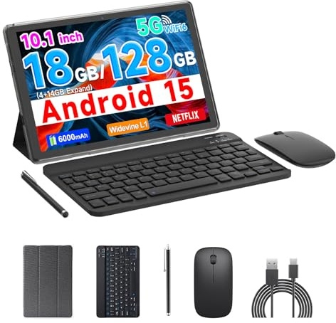 Android 15 surfplatta, 10 tum 18 GB RAM 128 GB ROM, 2,0 GHz fyrkärnig processorsurfplatta, 1280 x 800 IPS pekskärm, 2,4G/5G WiFi, 2-i-1 surfplattor med tangentbord, fodral, mus, Stylus, 6 000 mAh