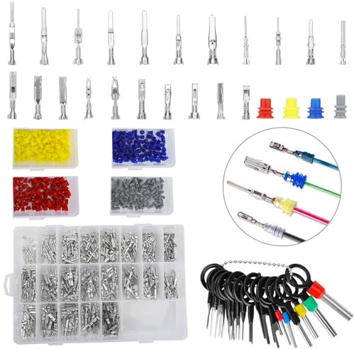 Linkstyle 820pcs Electrical Connector Pins Terminal Kit, 21 Types 1/1.5/1.8/2.2/2.8/3.5mm Non-Insulated Crimp Male Female Wire Harness Pins, with Waterproof Plug and Extractor Tool for Car Repair Boat
