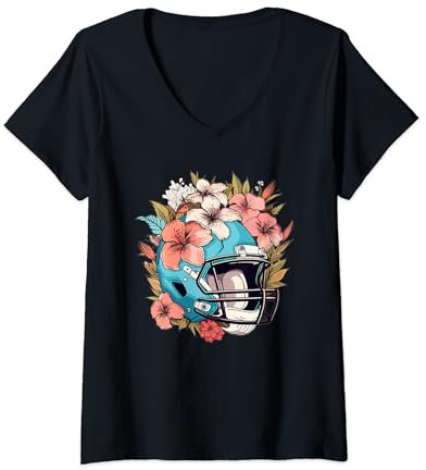 Damen American Football Helm mit Blumen I American Football T-Shirt mit V-Ausschnitt