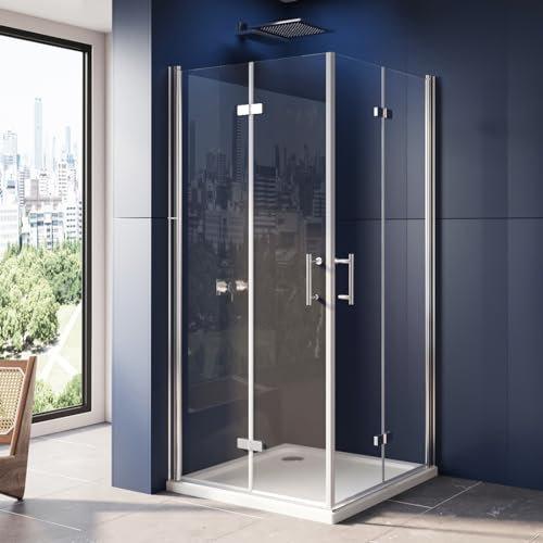 LUXESPIRE Duschkabine MIT Duschwanne und Ablaufgarnitur 80x90cm Eckeinstieg mit 180° faltbarer Tür Duschtür Falttür Duschabtrennung Duschwand 6mm ESG Sicherheitsglas Höhe 195cm