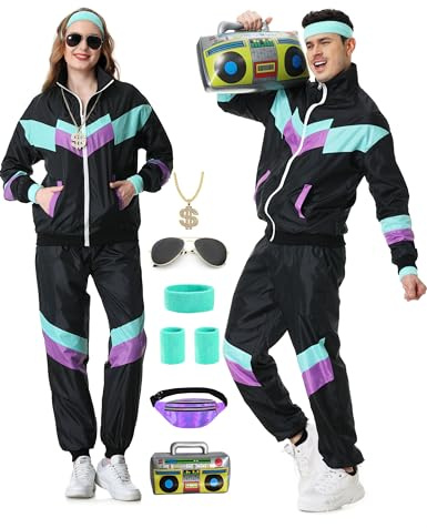 IKUKI 80-tals 90-tals outfit för män och kvinnor, 80-tals tracksuit sportkläder, träningsoverall, joggingdräkt, outfit för 80-tals outfit herrkostym