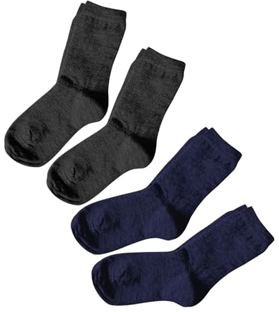 vitsocks Chaussette chaude 80% LAINE MÉRINOS garçon fille enfant (4 PAIRES) fine respirante mi mollet hiver froid, noir et bleu marine, 27-30