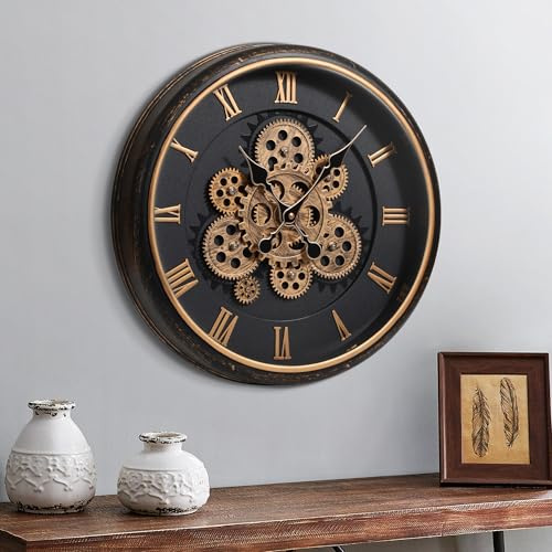 Mee 2ou Grande Horloge Murale avec Engrenages Mobiles, Horloge Murale Rétro de 40cm pour Décoration de Salon, Horloge Murale Décorative Industrielle Steampunk en Bronze Vintage Or pour Maison de Ferme